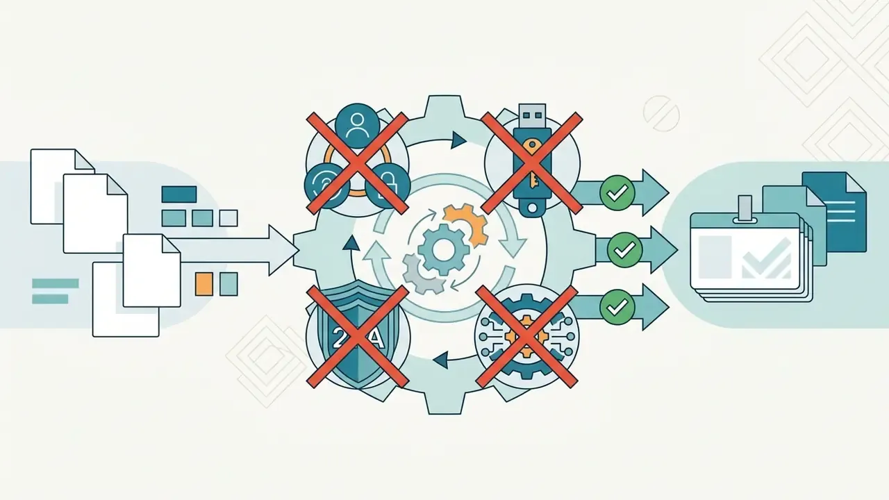 Gear mechanism showing blocked security icons and authorized credentials passing through to output