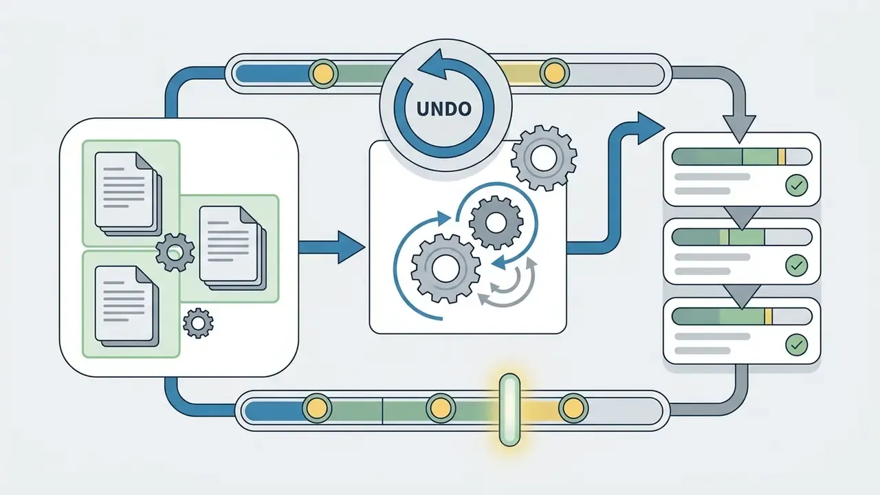 Document groups feeding into a gear mechanism with an undo button and a multi-step progress indicator