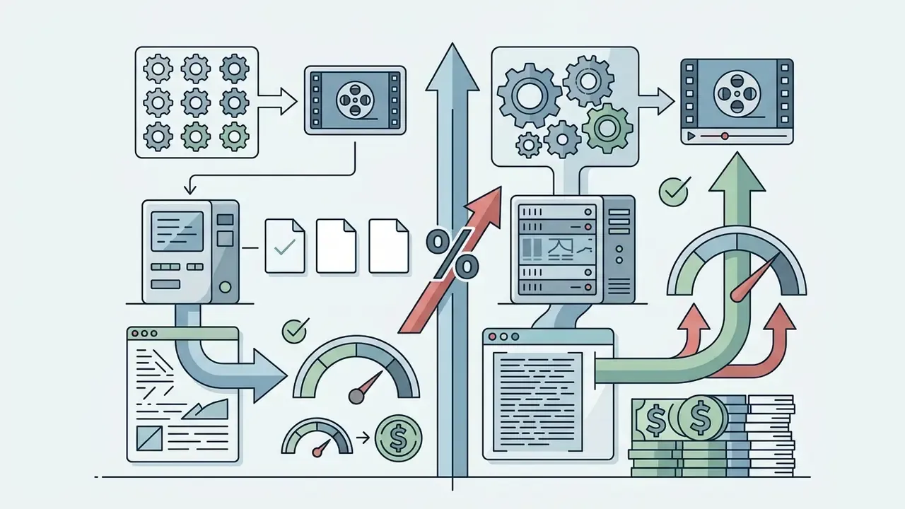 Diagram comparing processing workflows and costs for AI video generation with gears and gauges