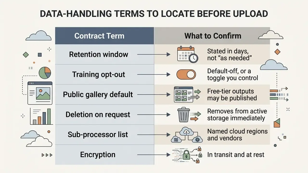 Table mapping six essential data privacy contract terms to their corresponding verification requirements