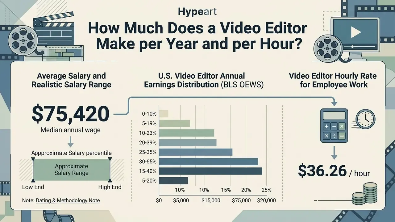 Bar chart showing annual earnings distribution and hourly pay data for video editors