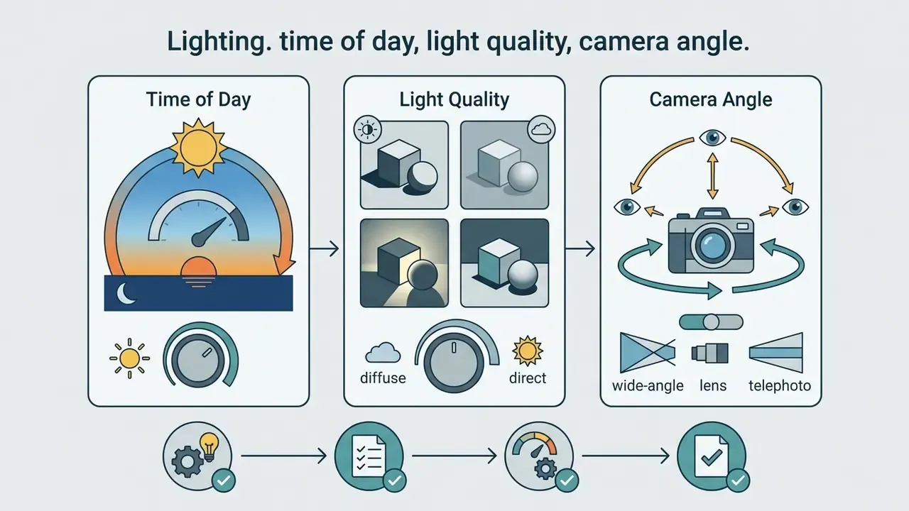 Three panels showing time of day, light quality, and camera angle settings for visual compositions