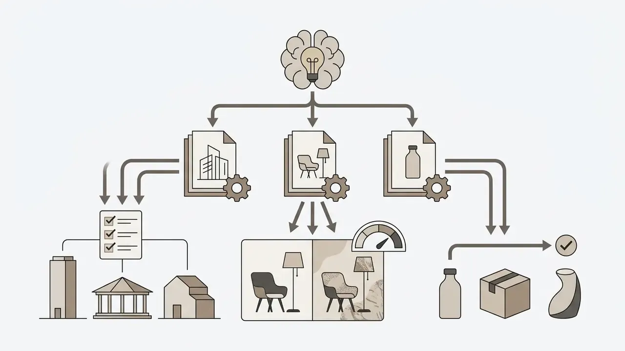 Central brain icon branching into documents that transform into architectural, furniture, and product designs