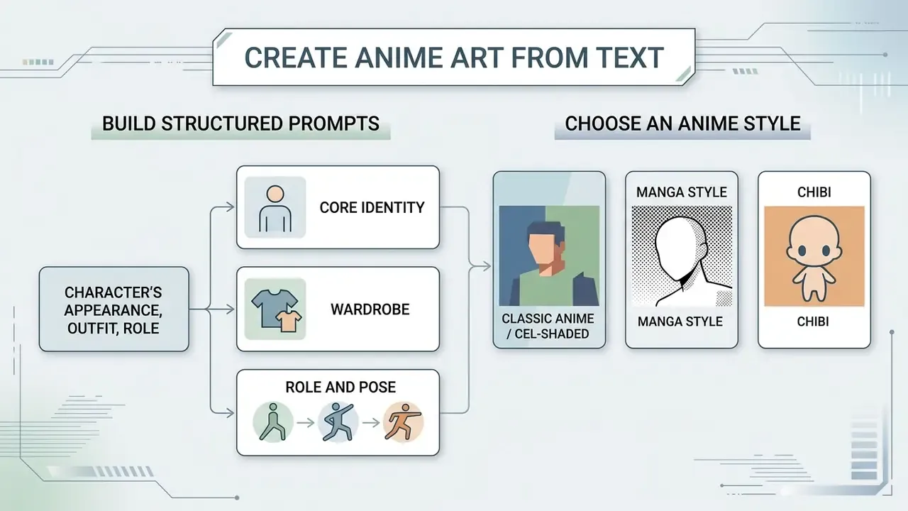 Infographic detailing how to build structured prompts and select styles for generating character designs