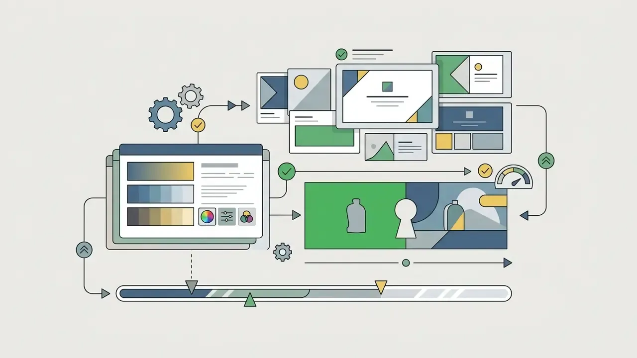 Color grading panel with swatches and gears connecting to green screen keying and branding templates