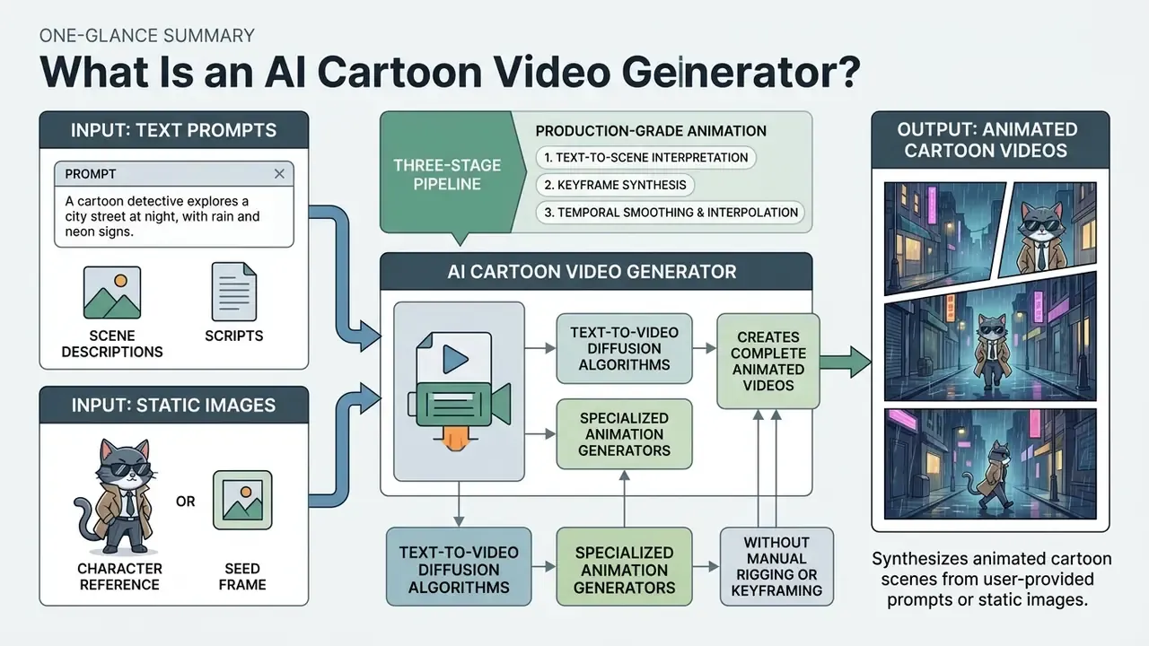 Flowchart showing how an AI cartoon video generator transforms text prompts or static images into animations