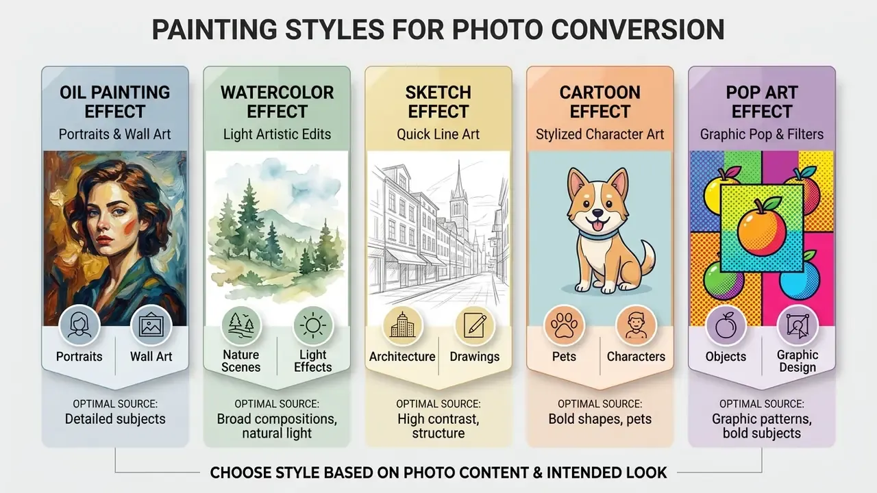 Infographic comparing five photo to painting AI styles including oil, watercolor, sketch, cartoon, and pop art