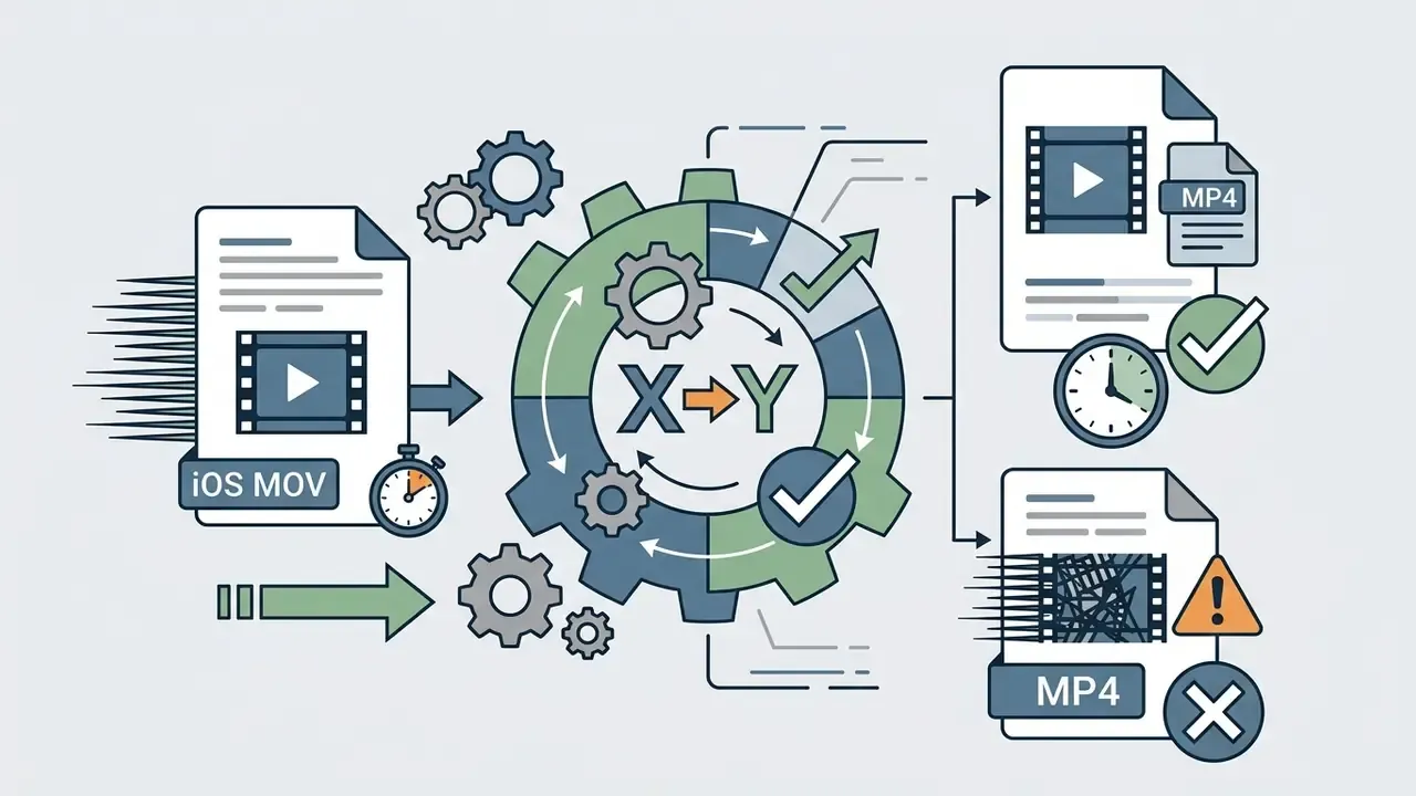 MOV file entering a gear system to produce either a smooth MP4 output or a stuttering file with errors