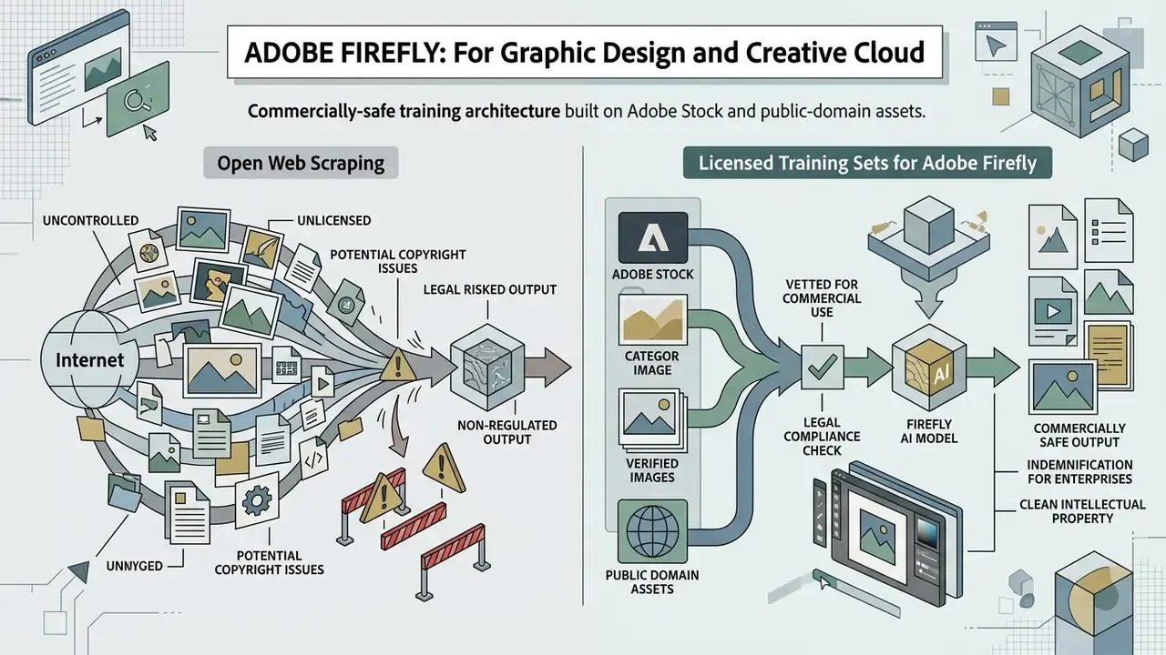 Infographic contrasting open web scraping with the licensed training architecture of Adobe Firefly