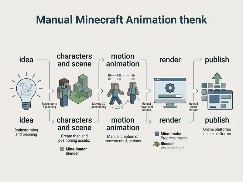 Step-by-step workflow diagram for a Minecraft animation maker showing stages from idea to final publishing