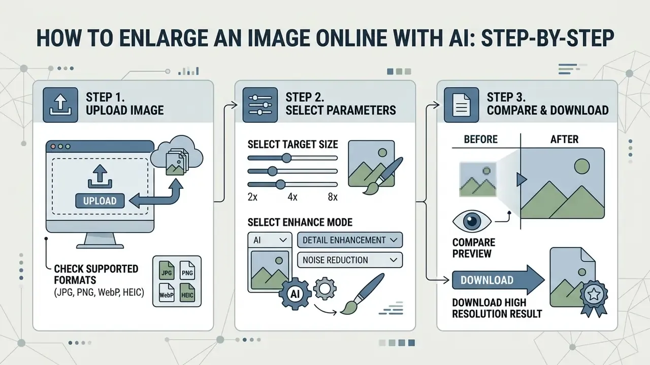 Three sequential steps for uploading images, selecting scaling parameters, and downloading enhanced results