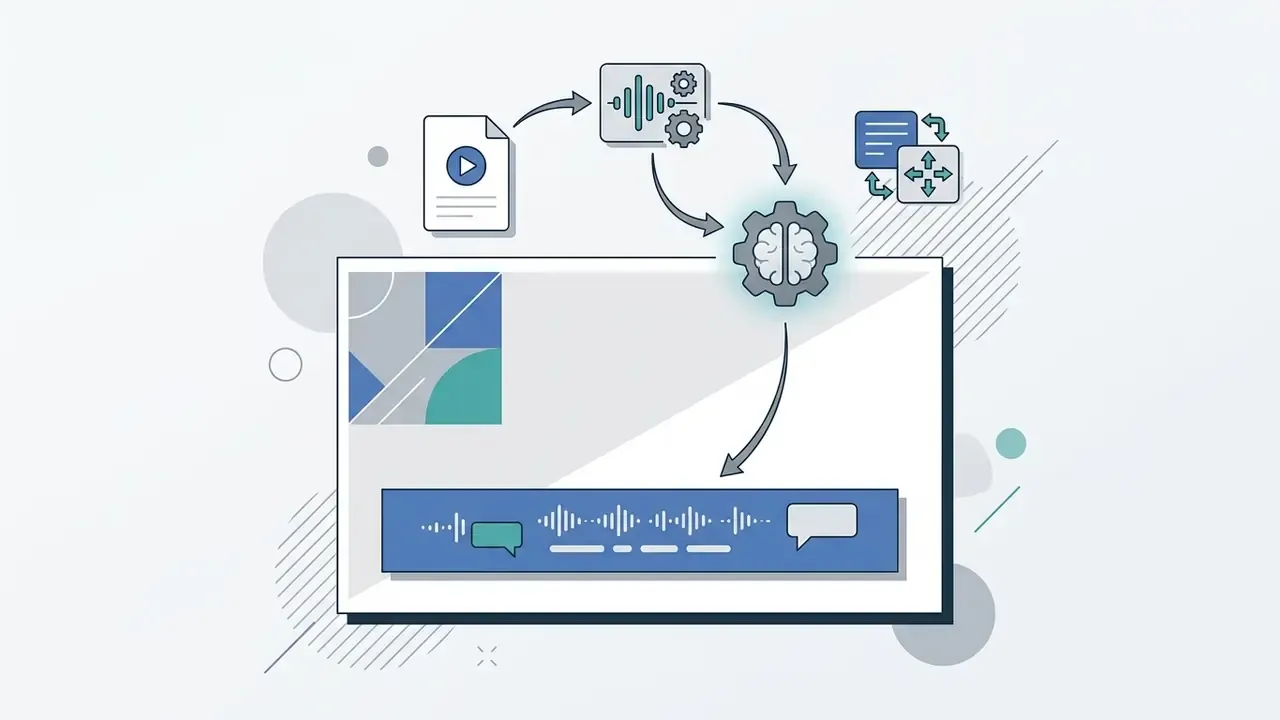 Diagram showing audio processing and AI analysis feeding live captions into a video broadcast player