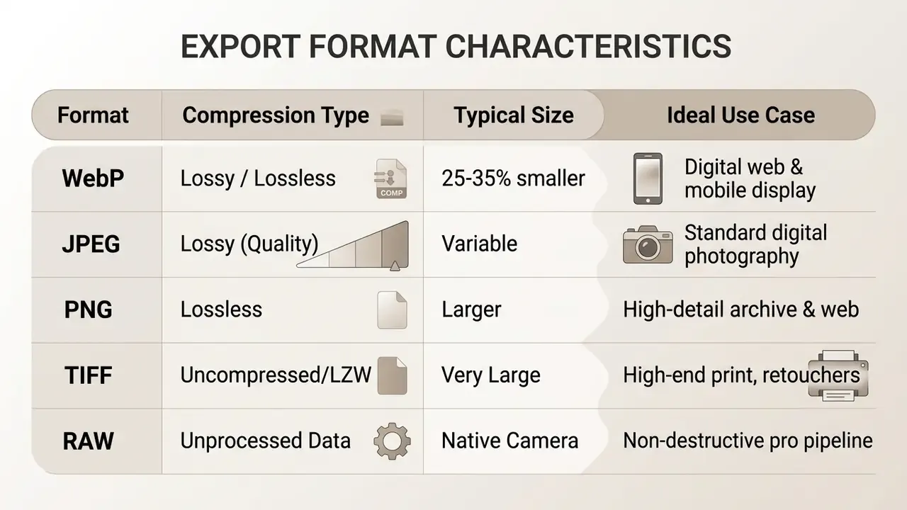 Comparison table listing compression types, file sizes, and ideal use cases for WebP, JPEG, PNG, TIFF, and RAW