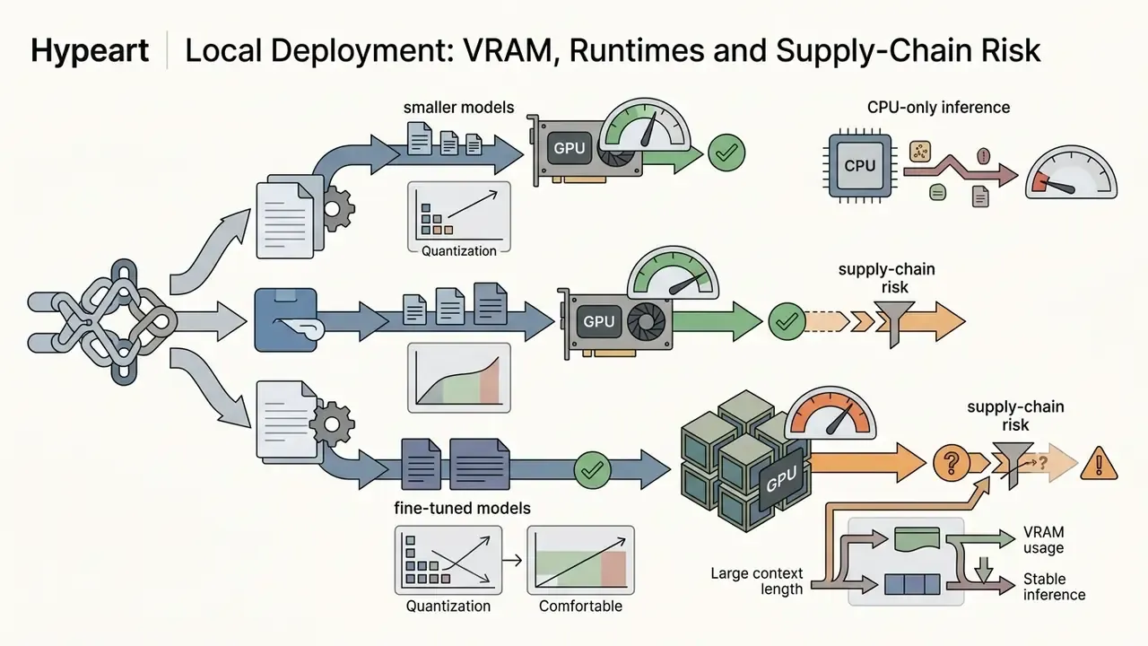 Technical workflows showing model processing paths through GPUs, CPUs, quantization, and supply-chain risks