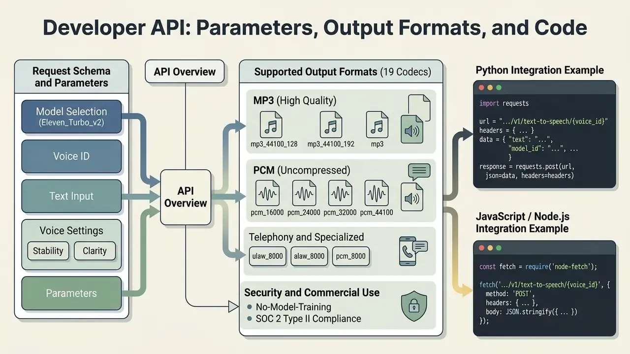 Diagram detailing API request parameters, supported audio output formats, and code integration examples