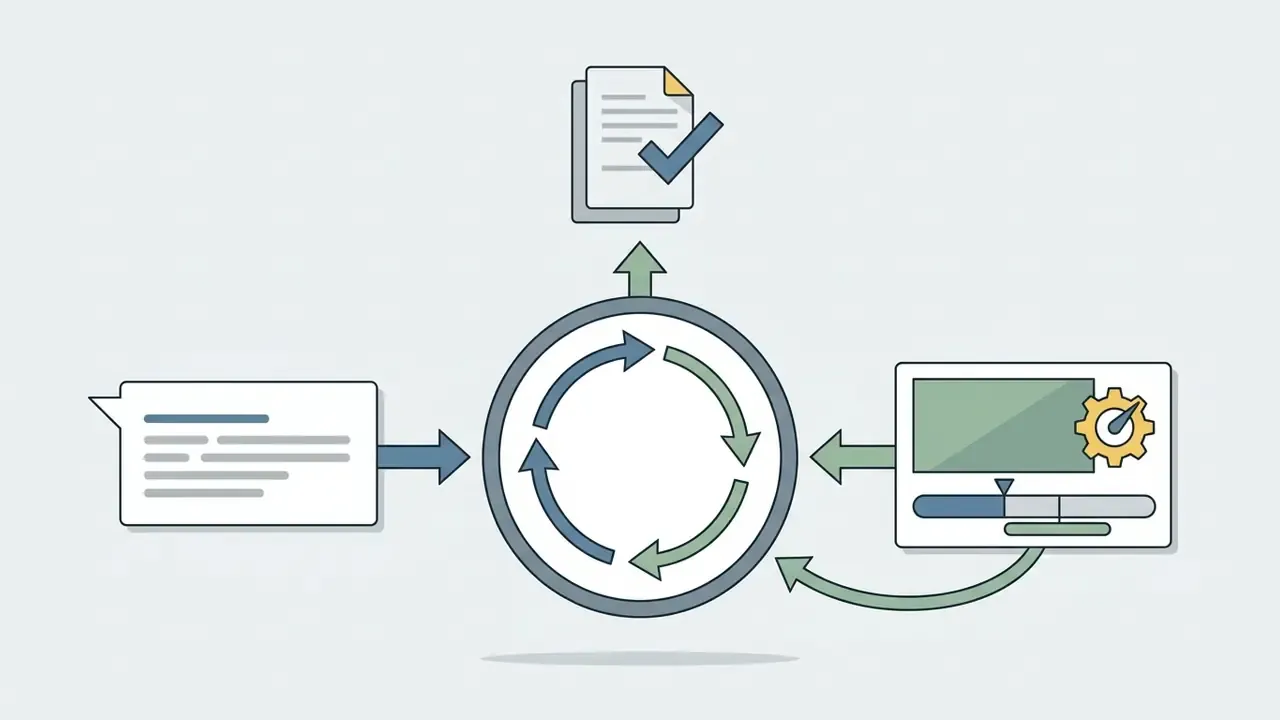 Circular process connecting a chat box, a document with a checkmark, and a video editor interface