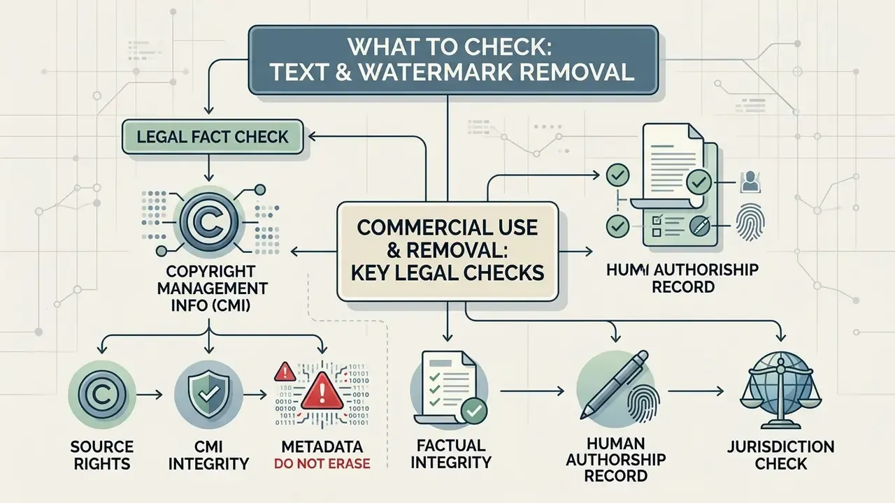 Flowchart outlining legal compliance steps for removing text and watermarks from digital media