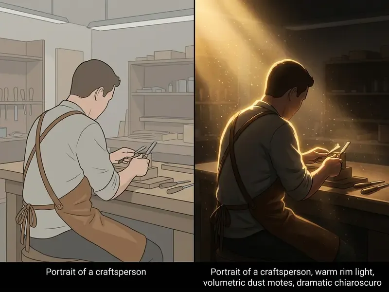Side-by-side comparison of a craftsperson in flat lighting versus dramatic chiaroscuro with rim light