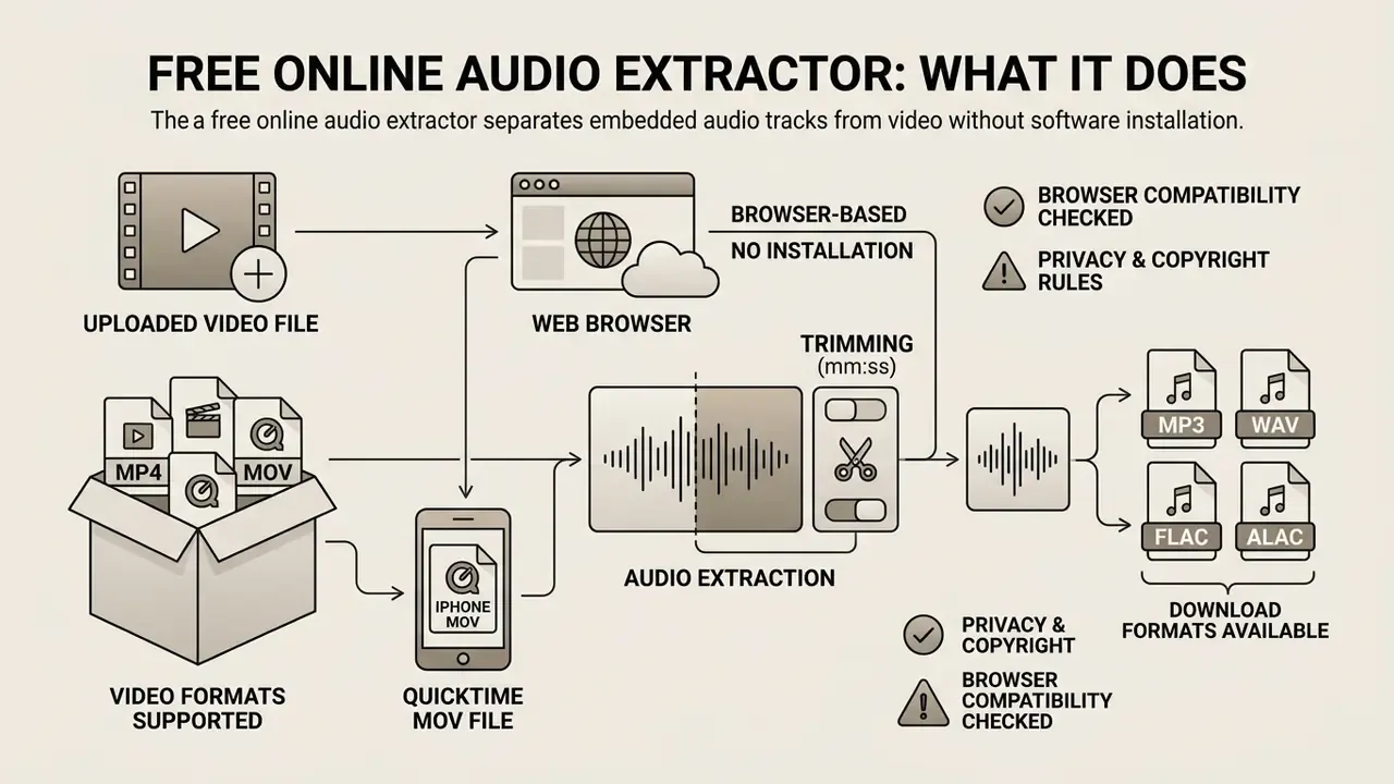 Infographic showing how to extract audio from a video file online without installing software