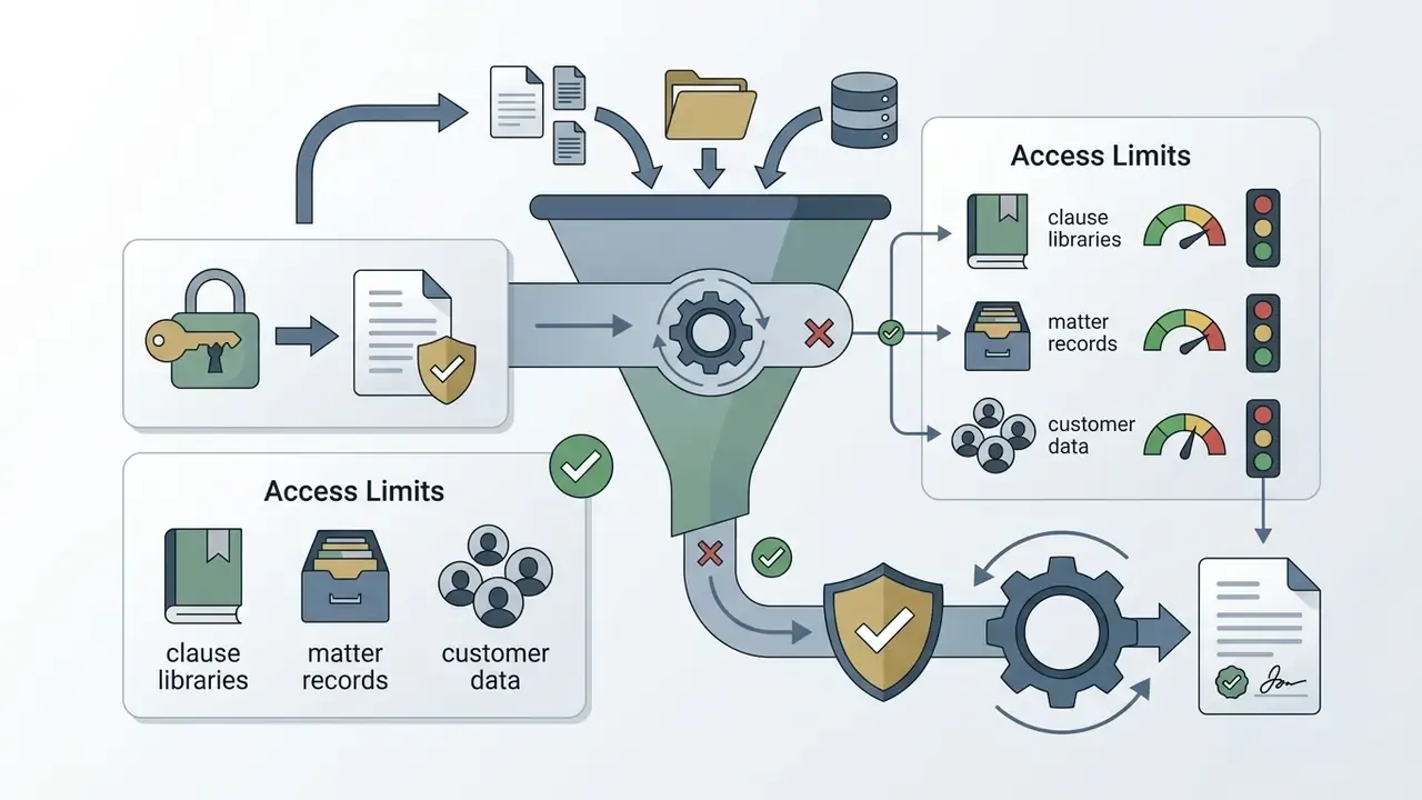 Data sources feeding into a funnel with access limit gauges and security checks for final document output