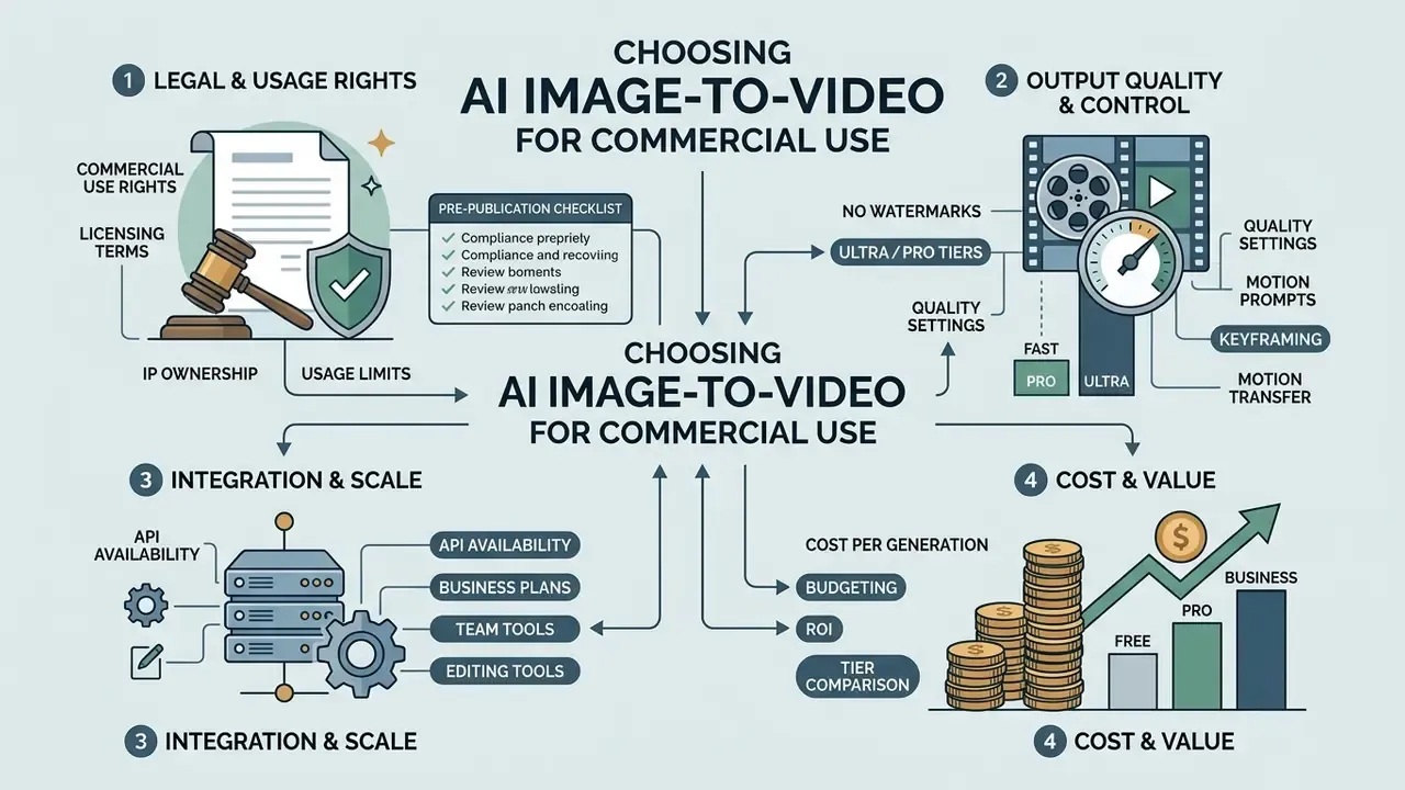 Infographic detailing legal rights, output controls, integration, and cost factors for business video tools