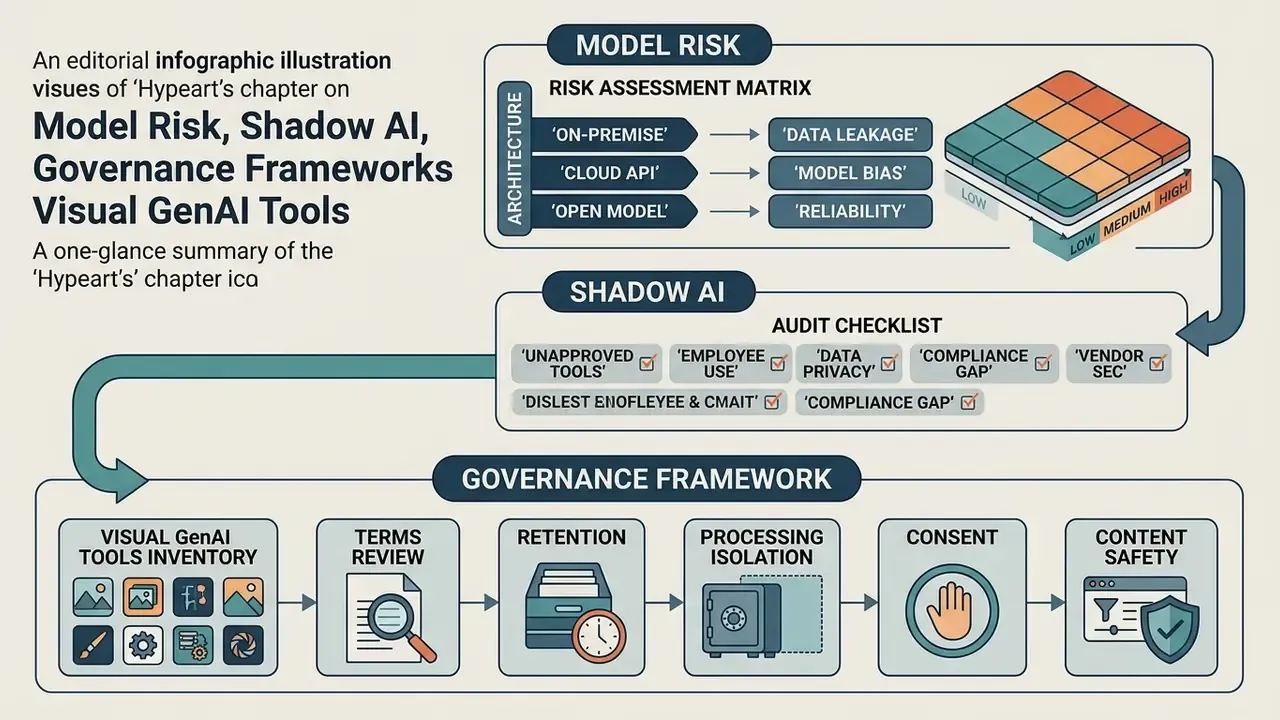 Flowchart connecting risk assessment, shadow AI audit checklists, and governance framework components