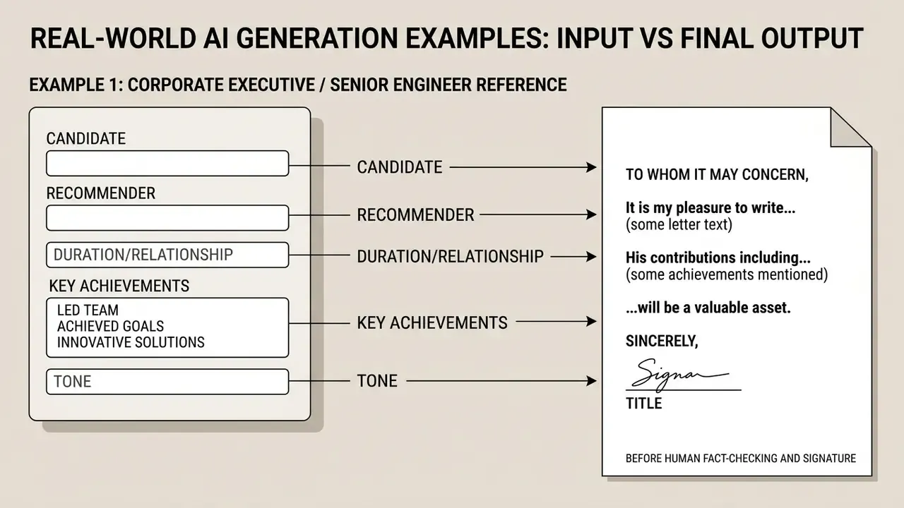 Structured input fields mapping candidate and achievement details to a drafted professional letter