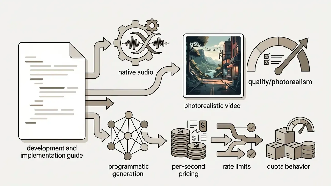Development guide feeding into audio and generation systems to output video clips with pricing and quotas