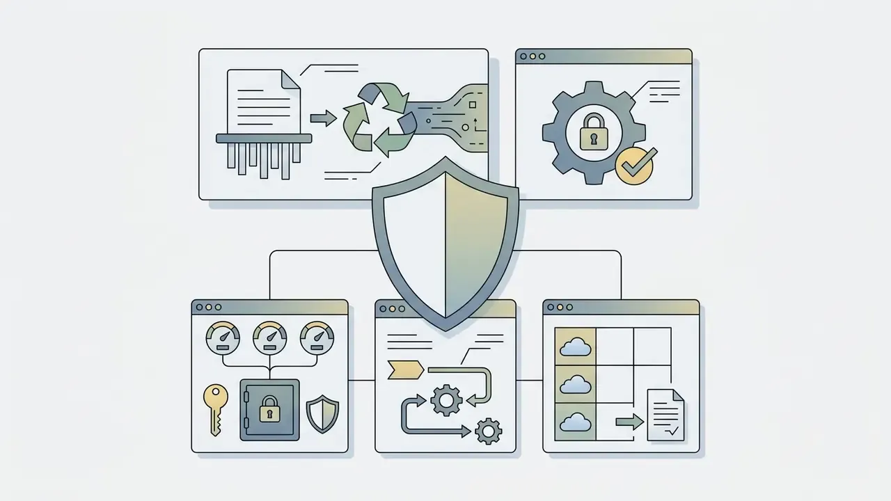 Central shield icon connecting windows showing data processing, security locks, and cloud storage workflows