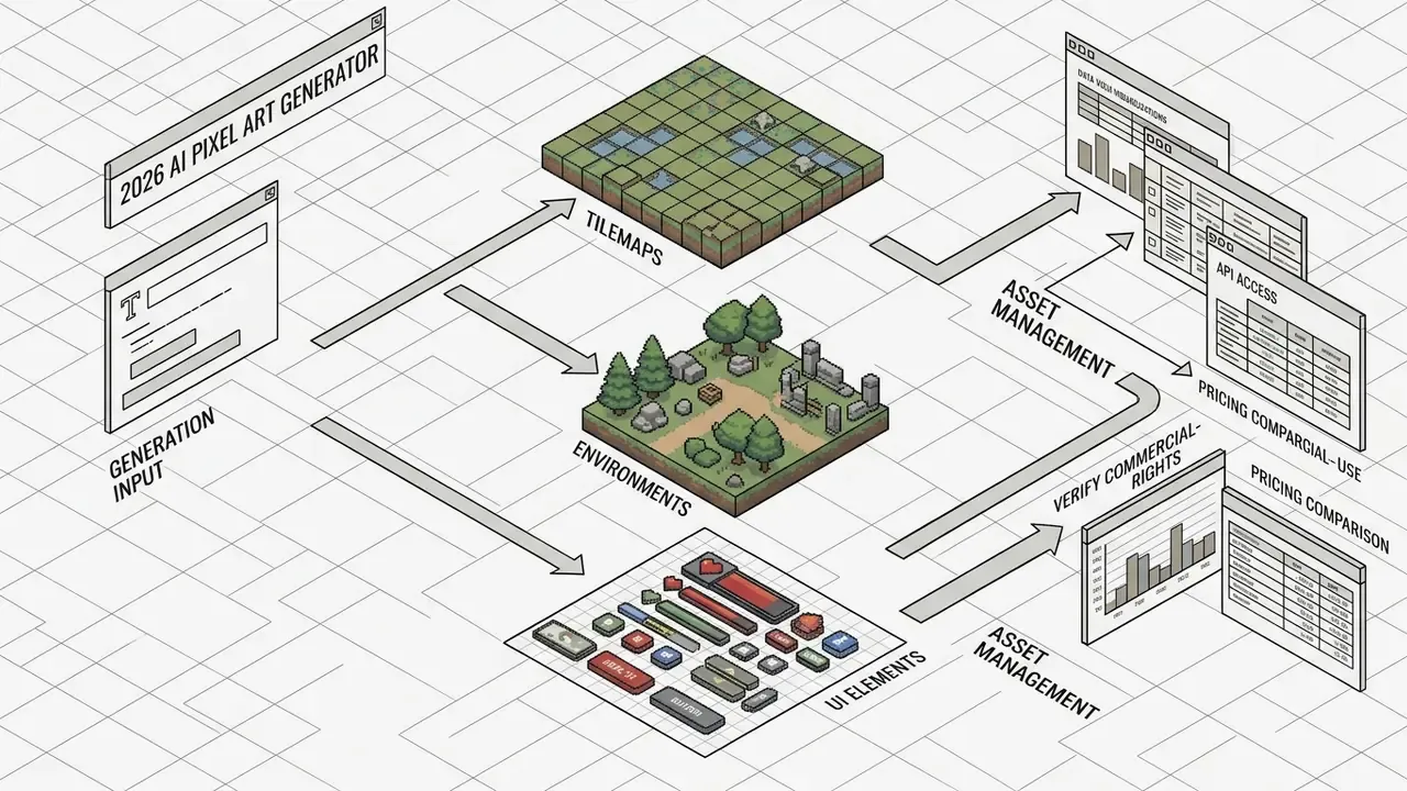 Isometric workflow showing generation input converting into tilemaps, environments, and UI elements
