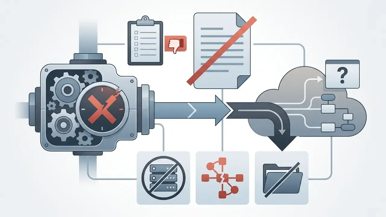 Mechanical engine feeding data into a cloud system with icons representing rejected documents and restricted access