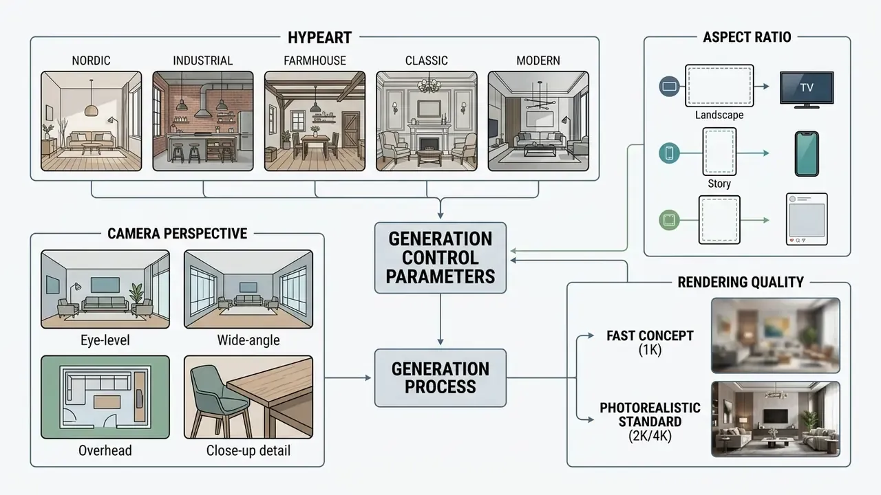 Diagram showing how design styles, camera angles, aspect ratios, and render quality influence generation