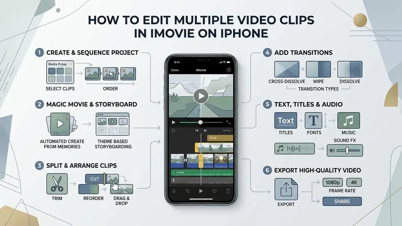 Six-step guide showing how to edit video clips, add transitions, and export projects in iMovie on iPhone