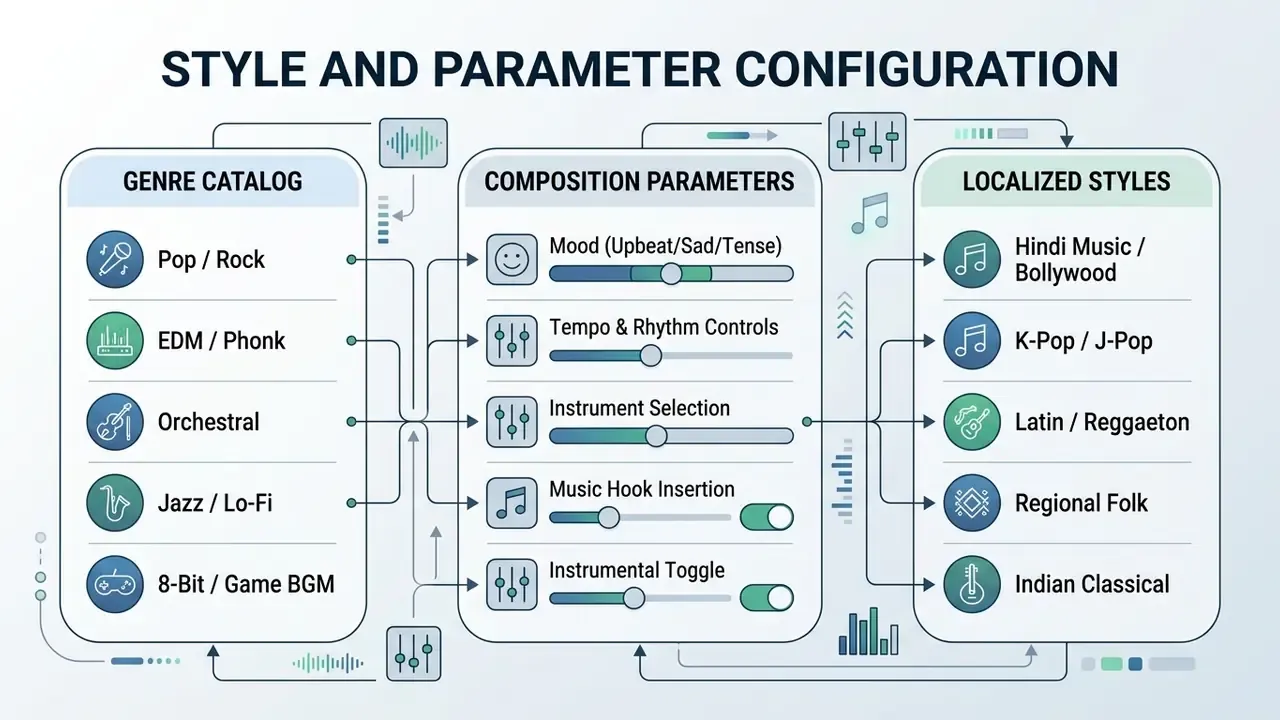 Flowchart connecting genre categories and localized styles to adjustable composition parameters