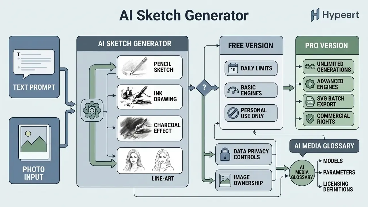 Visual breakdown of input methods, artistic styles, plan tiers, and media glossary definitions