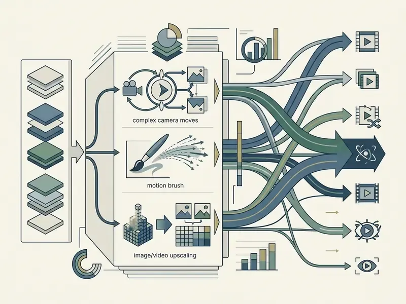 Diagram showing how camera control, motion brush, and upscaling features influence AI video output flows