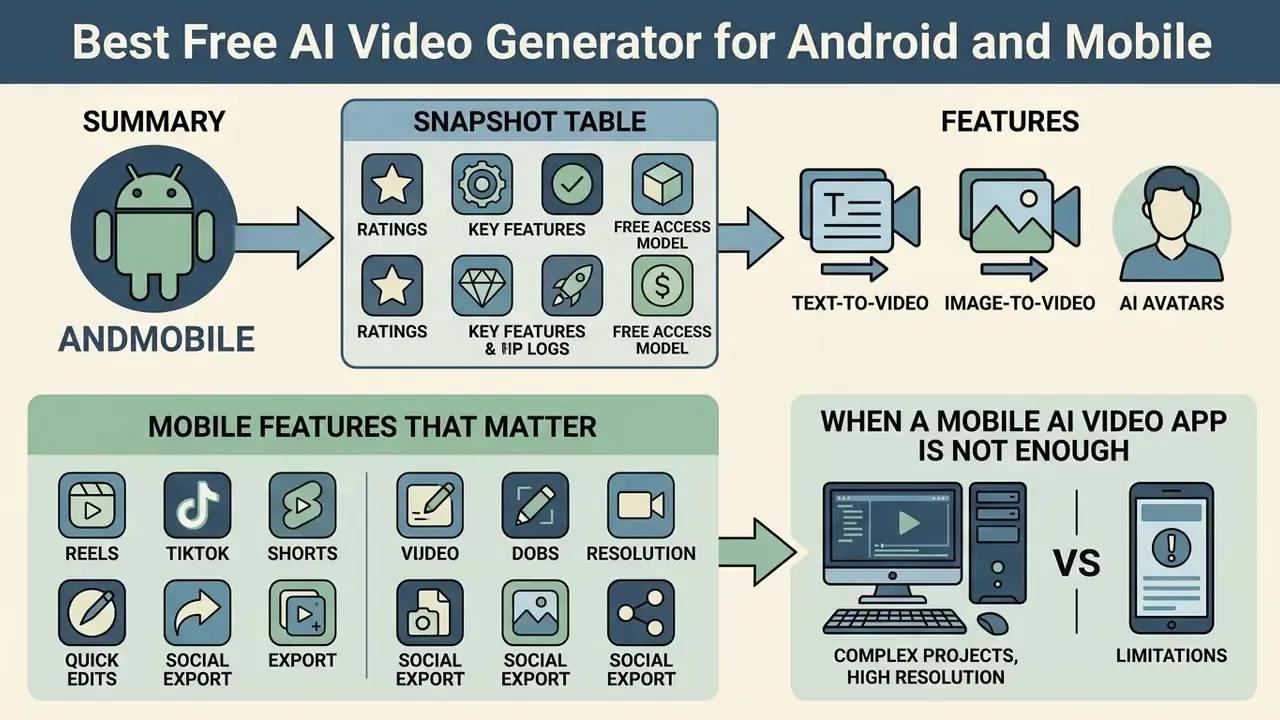 Layout of key criteria for choosing a mobile AI video generator app including features and limitations