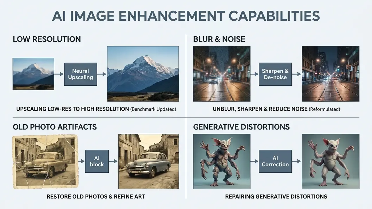 Four-panel infographic showing neural network processes for fixing resolution, blur, noise, and distortions