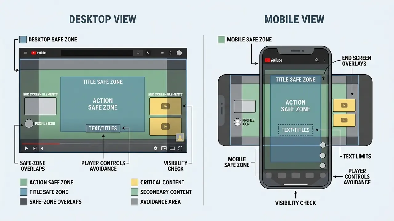 Side by side comparison of YouTube desktop and mobile layouts showing safe zones for end screen elements