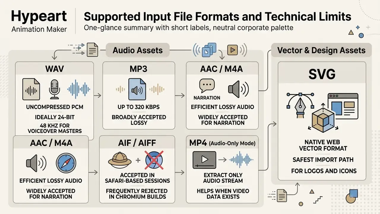 Infographic detailing compatible audio file formats and vector assets for project imports