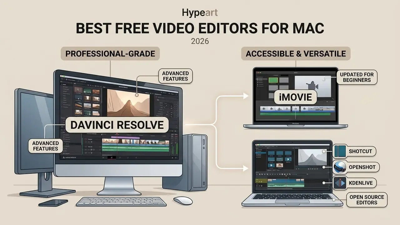 Infographic comparing DaVinci Resolve, iMovie, and open source video editors for Mac users