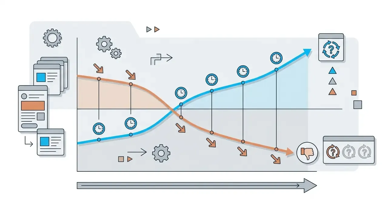 Line graph showing an upward trend in frequency crossing a downward trend in click-through rates