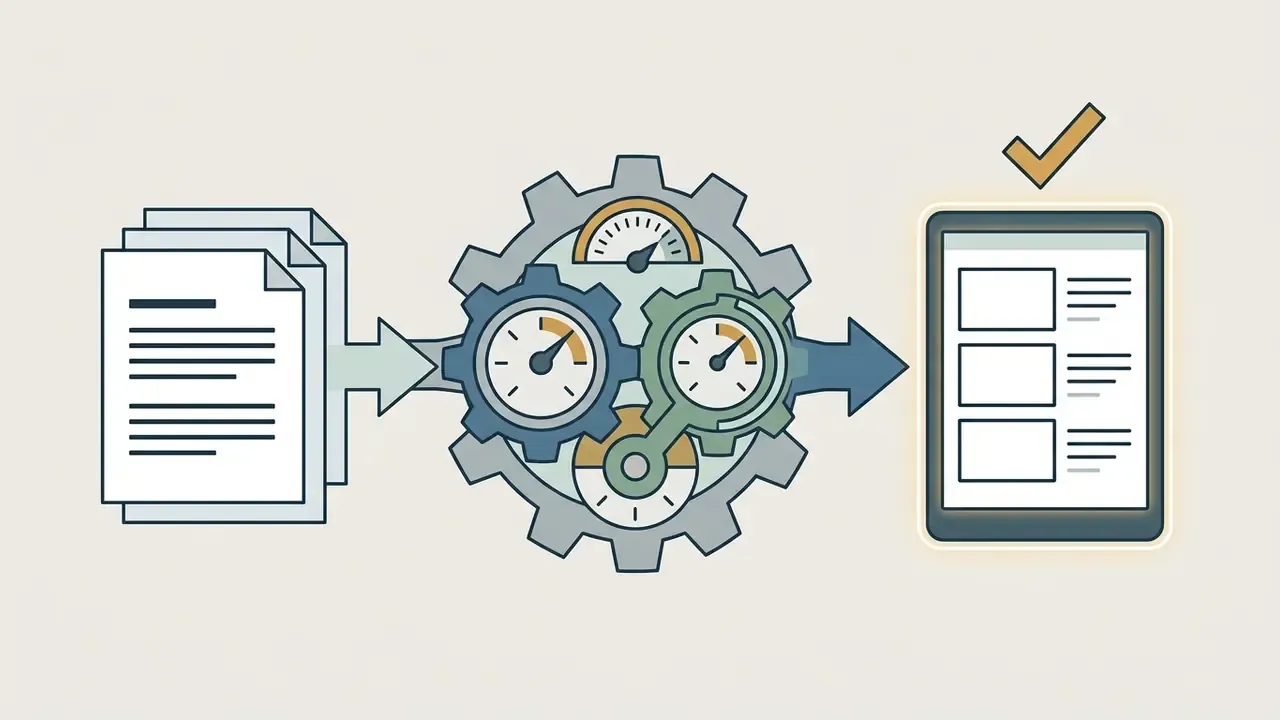 Written documents feeding into a central gear processor to generate a finished video storyboard on a tablet