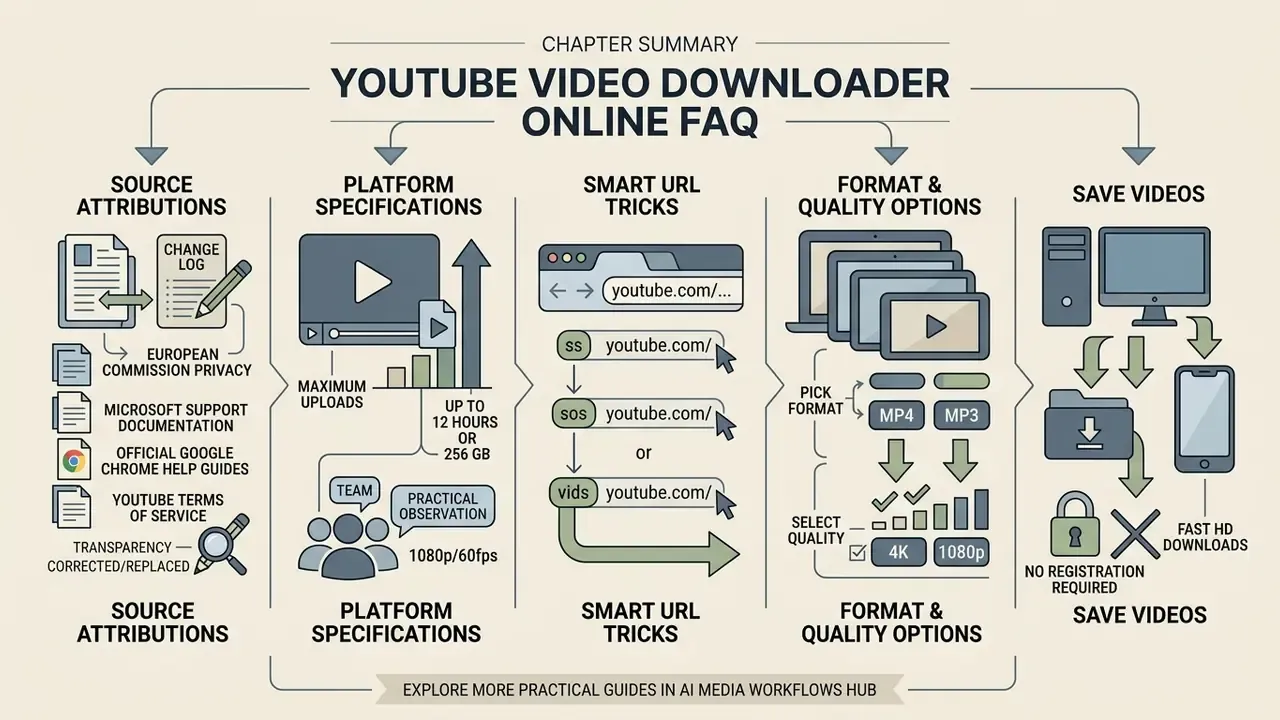 Flowchart summarizing source attributions, platform specifications, URL tricks, and video saving workflows