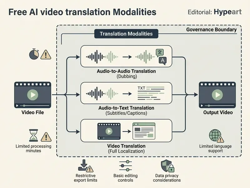 Flowchart comparing dubbing, subtitling, and full localization methods within a video translation framework