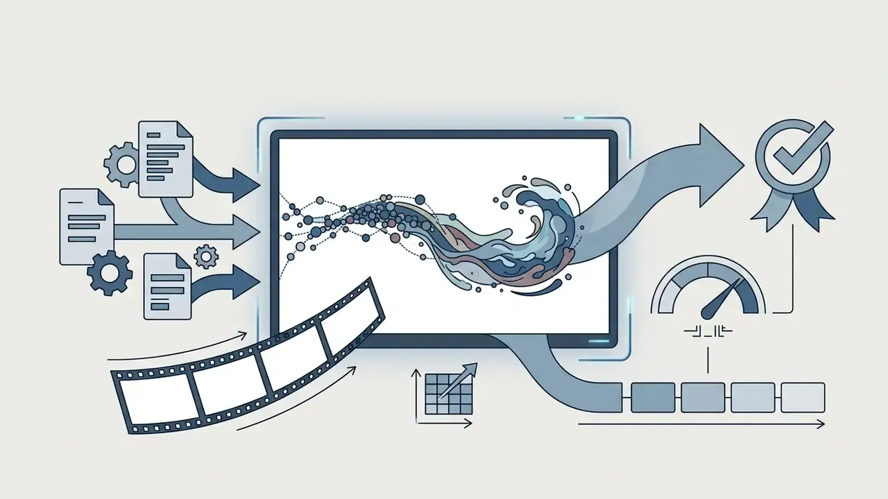 Documents and gears feed into a screen transforming data points into a fluid wave for video output