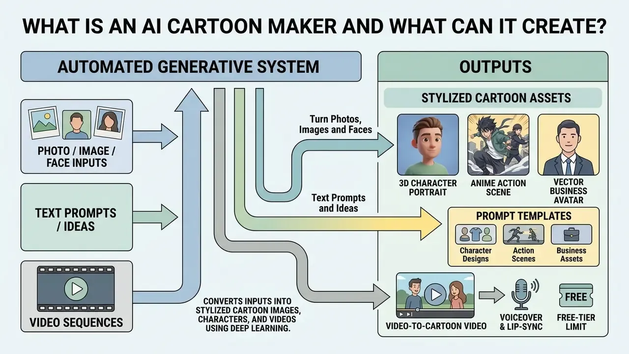 Flowchart showing how an AI cartoon maker converts photos, text, and video into stylized cartoon assets