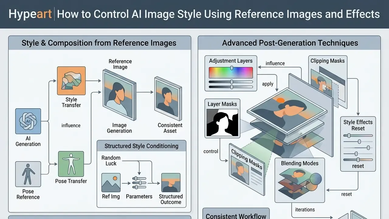 Infographic detailing workflows for AI Photoshop generator style conditioning and post-generation editing