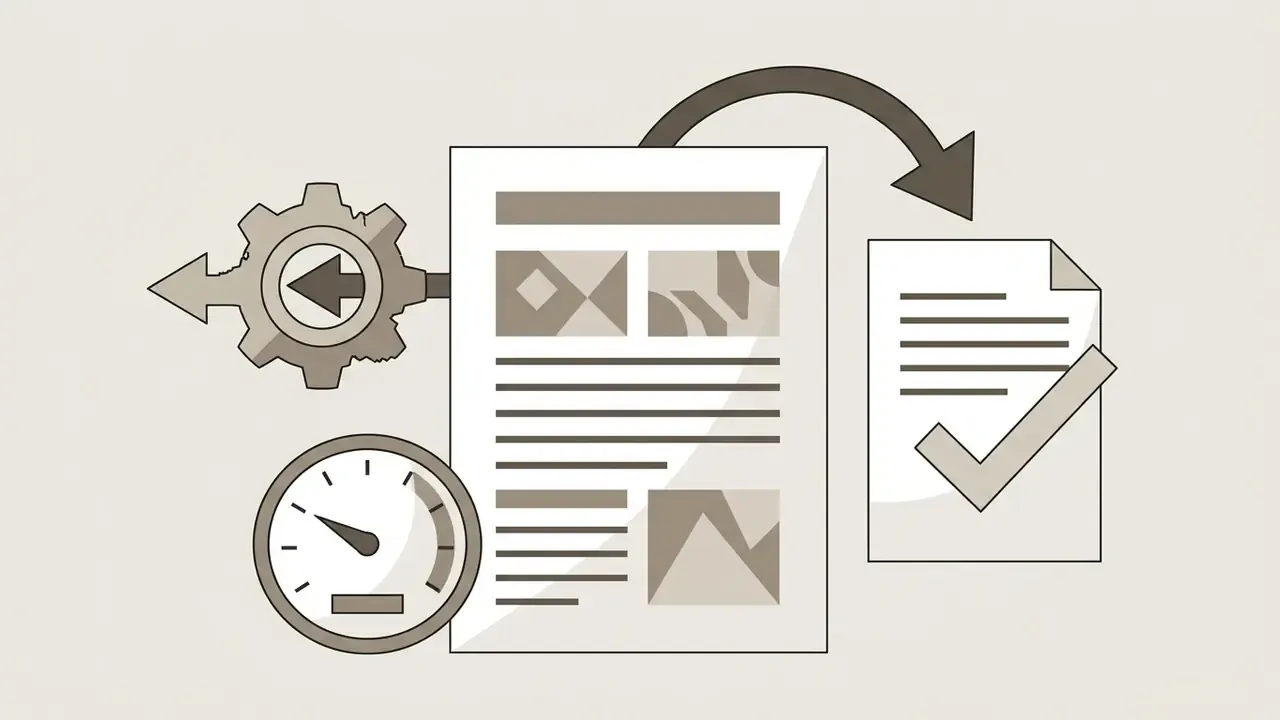 Document being processed by gears and a speedometer to produce a finalized report with a checkmark