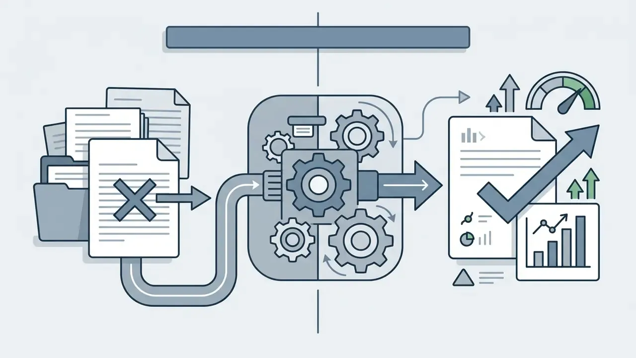 Files marked with an x being processed through a gear mechanism into optimized reports with check marks